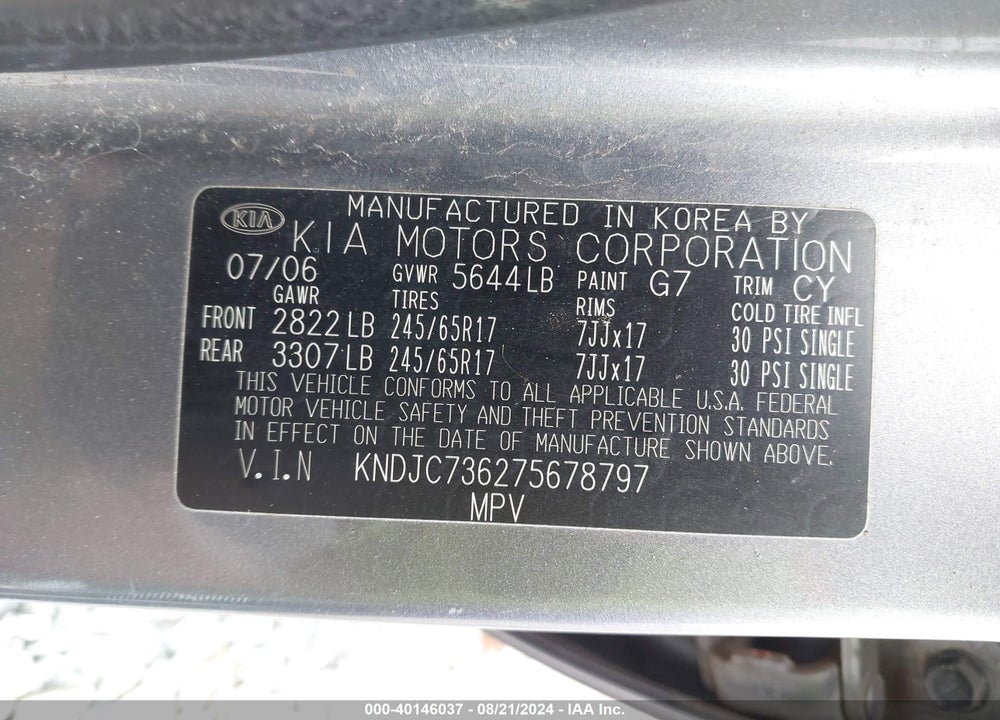 2007 KIA SORENTO LX VIN: KNDJC736275678797