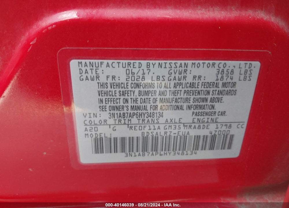 2017 NISSAN SENTRA SR VIN: 3N1AB7AP6HY348134