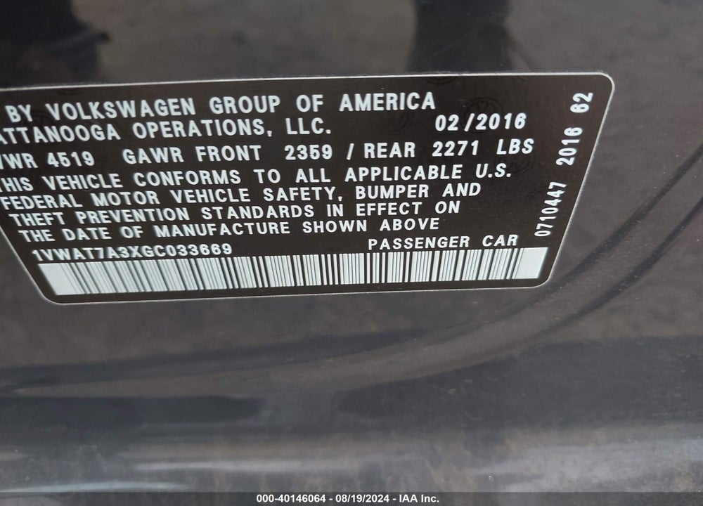 2016 VOLKSWAGEN PASSAT 1.8T R-LINE VIN: 1VWAT7A3XGC033669