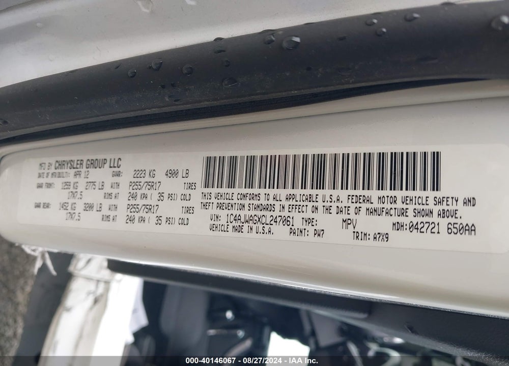 2012 JEEP WRANGLER SPORT VIN: 1C4AJWAGXCL247061