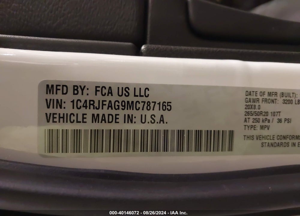 2021 JEEP GRAND CHEROKEE FREEDOM 4X4 VIN: 1C4RJFAG9MC787165