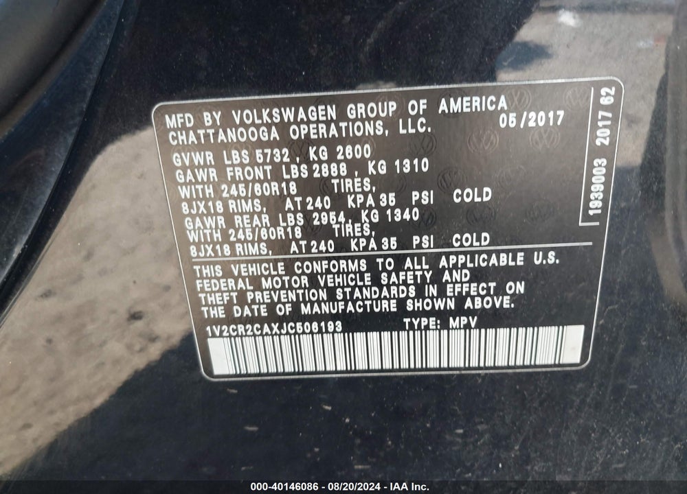2018 VOLKSWAGEN ATLAS 3.6L V6 SE VIN: 1V2CR2CAXJC506193