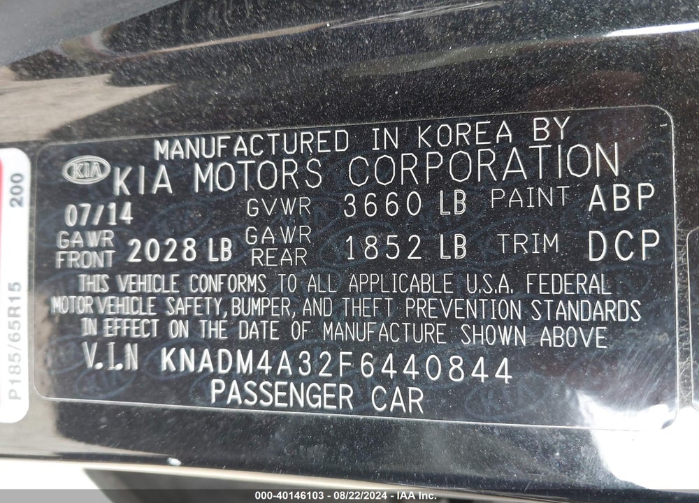2015 KIA RIO LX VIN: KNADM4A32F6440844