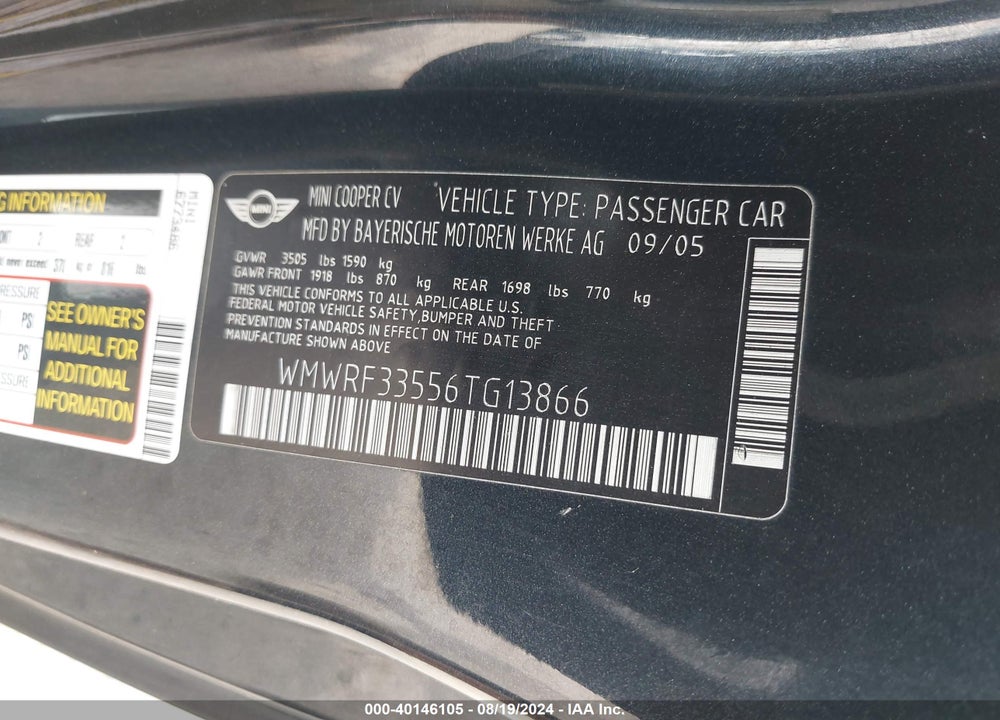 2006 MINI COOPER VIN: WMWRF33556TG13866