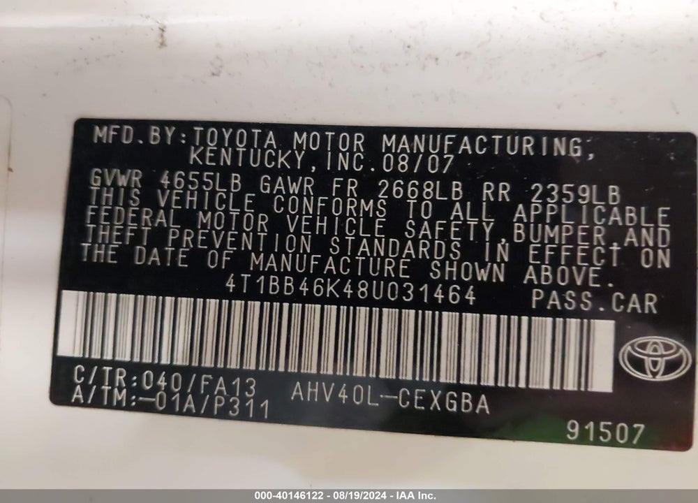 2008 TOYOTA CAMRY HYBRID VIN: 4T1BB46K48U031464