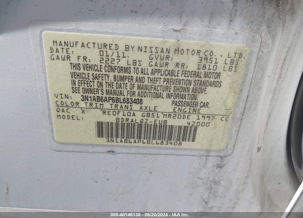 2011 NISSAN SENTRA 2.0 VIN: 3N1AB6AP6BL683408