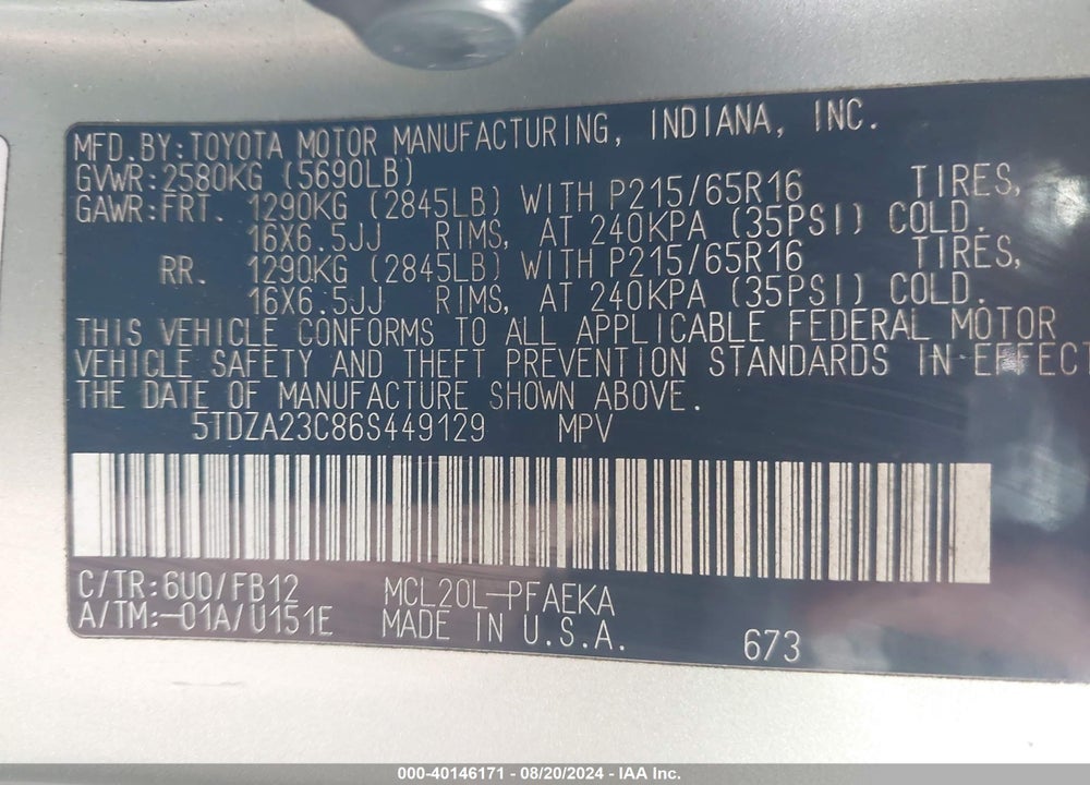 2006 TOYOTA SIENNA CE VIN: 5TDZA23C86S449129