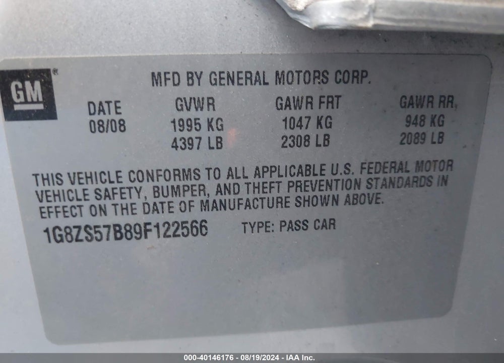 2009 SATURN AURA VIN: 1G8ZS57B89F122566