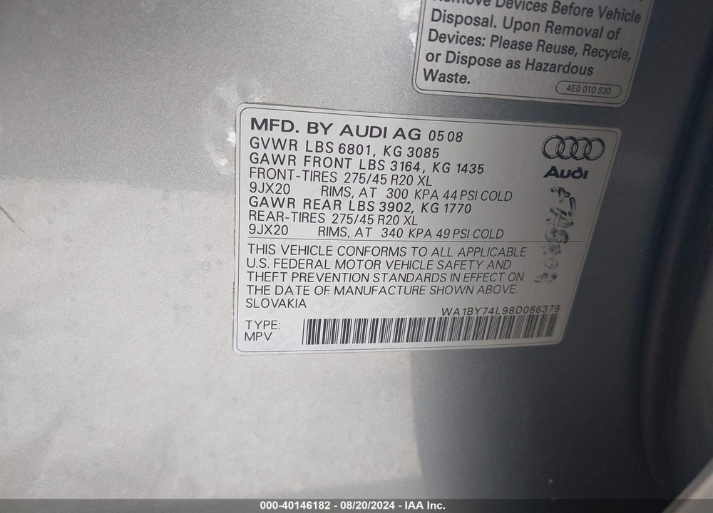 2008 AUDI Q7 3.6 PREMIUM VIN: WA1BY74L98D066379
