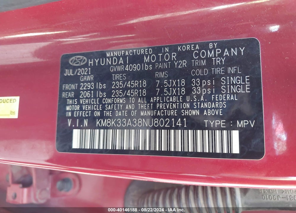 2022 HYUNDAI KONA N LINE VIN: KM8K33A38NU802141