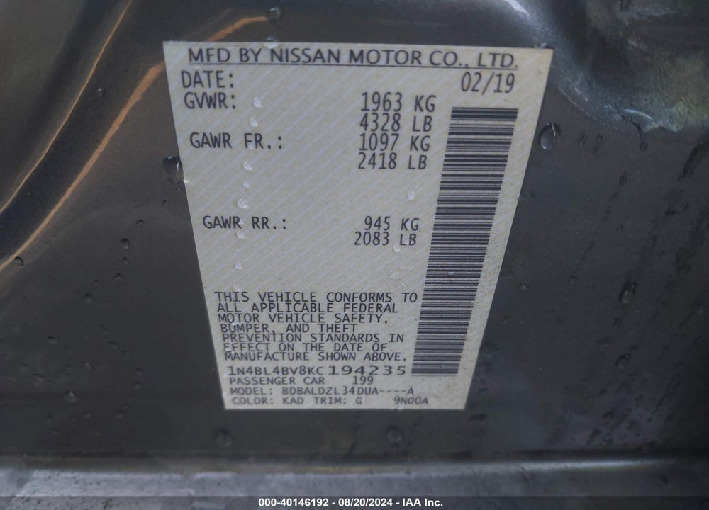 2019 NISSAN ALTIMA 2.5 S VIN: 1N4BL4BV8KC194235
