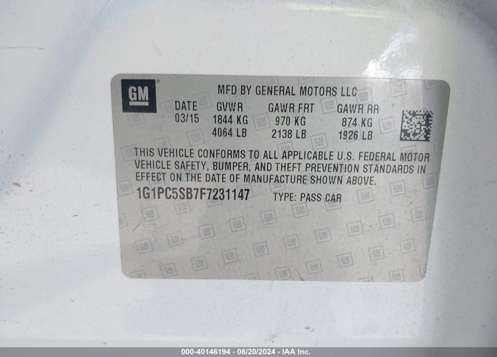 2015 CHEVROLET CRUZE 1LT AUTO VIN: 1G1PC5SB7F7231147