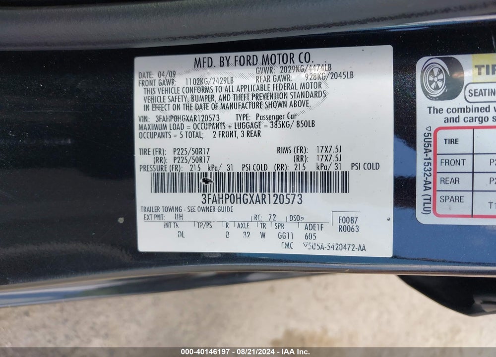 2010 FORD FUSION SE VIN: 3FAHP0HGXAR120573