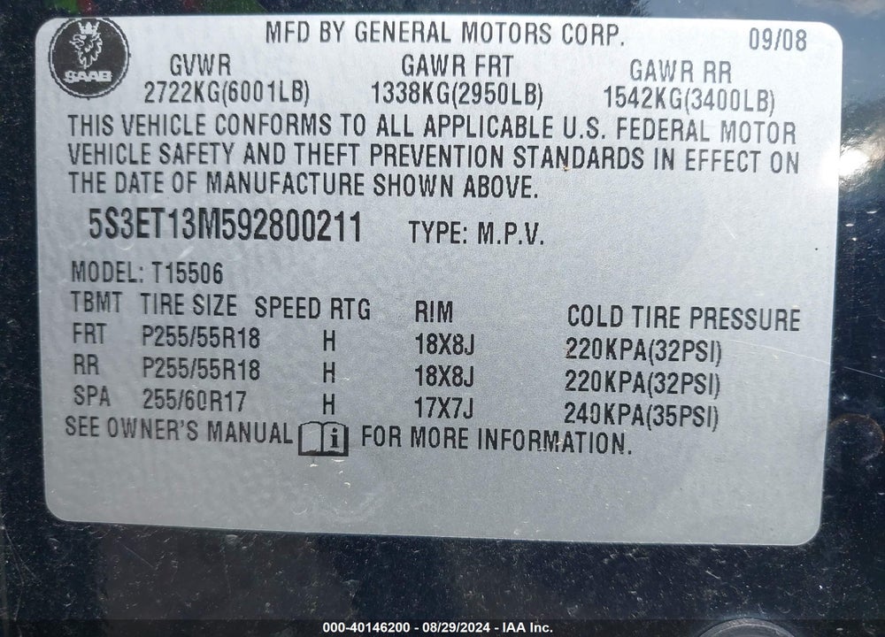 2009 SAAB 9-7X 5.3I VIN: 5S3ET13M592800211