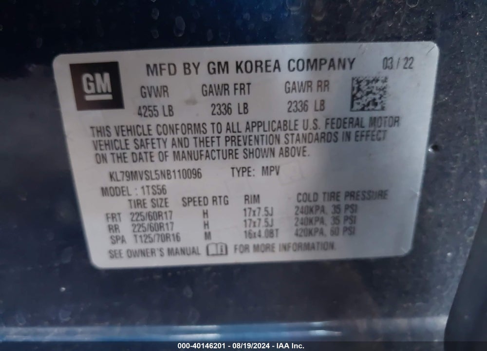 2022 CHEVROLET TRAILBLAZER FWD ACTIV VIN: KL79MVSL5NB110096