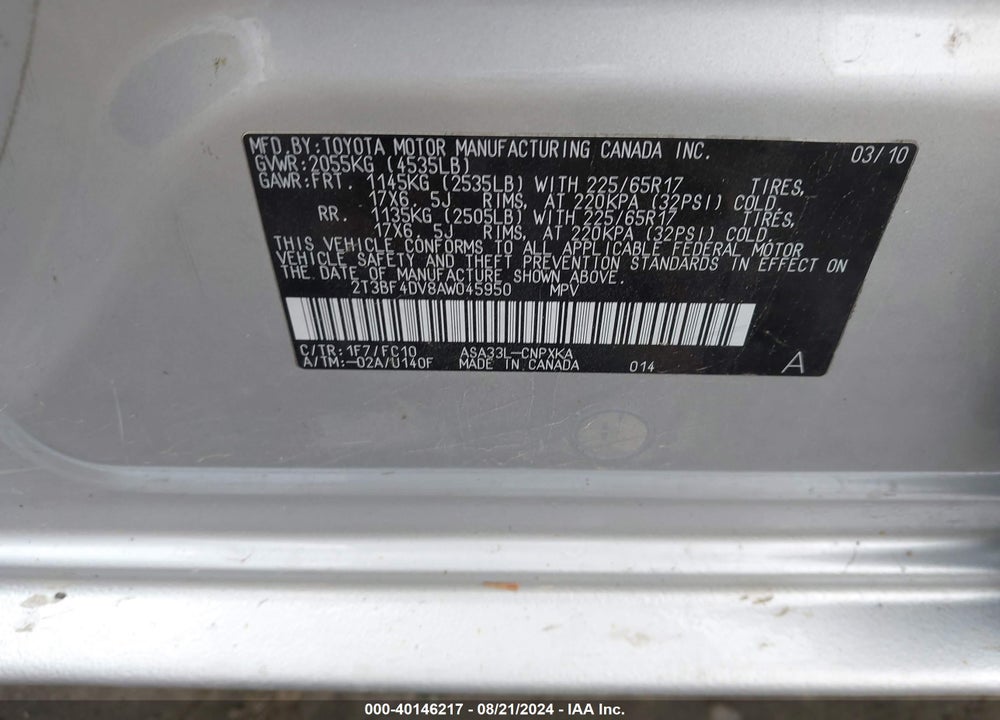 2010 TOYOTA RAV4 VIN: 2T3BF4DV8AW045950