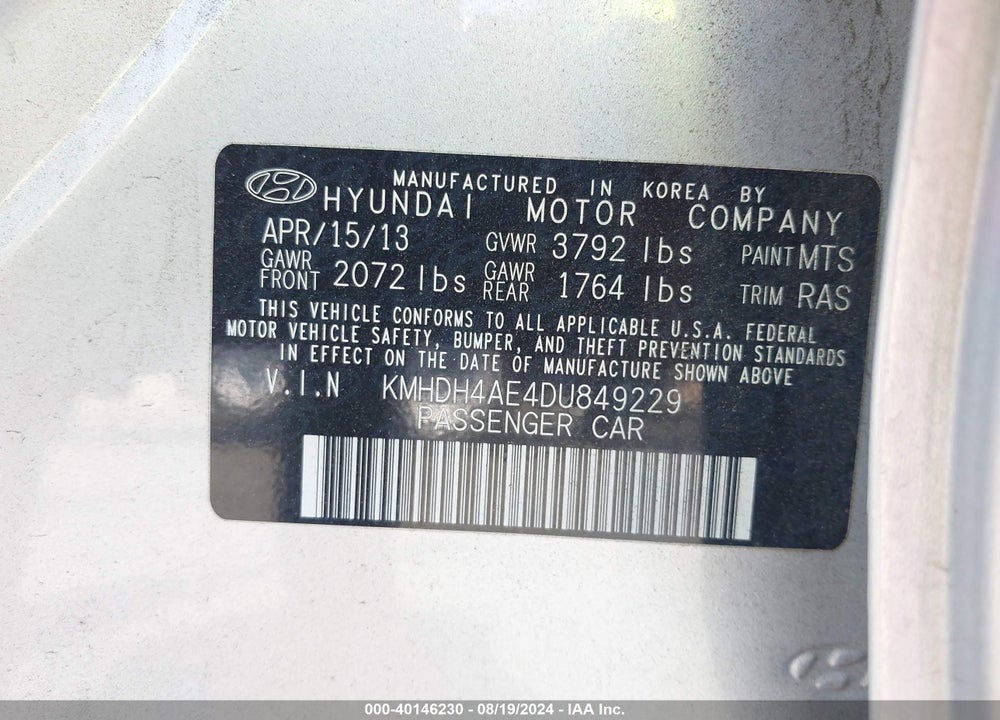 2013 HYUNDAI ELANTRA GLS VIN: KMHDH4AE4DU849229
