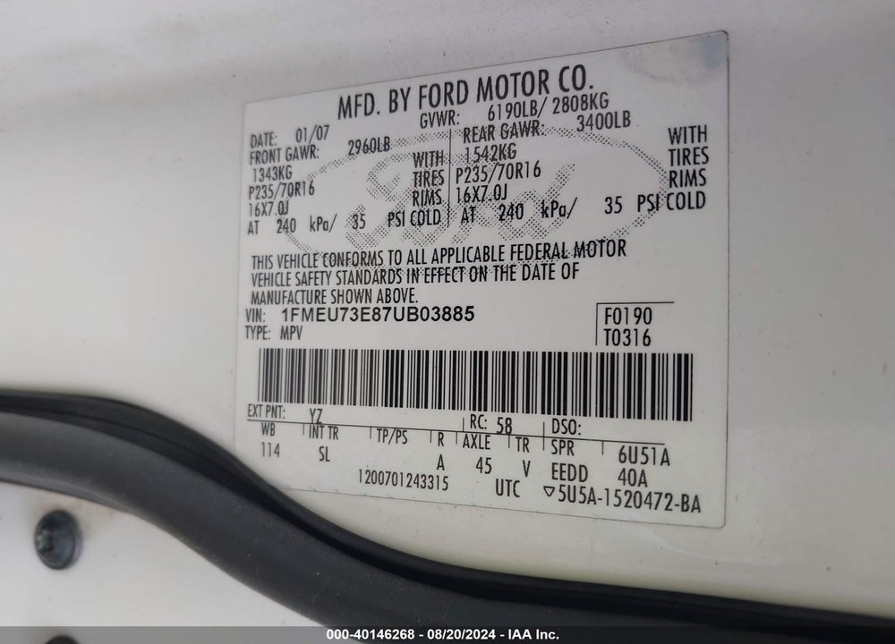 2007 FORD EXPLORER XLT VIN: 1FMEU73E87UB03885