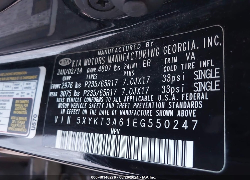 2014 KIA SORENTO LX VIN: 5XYKT3A61EG550247