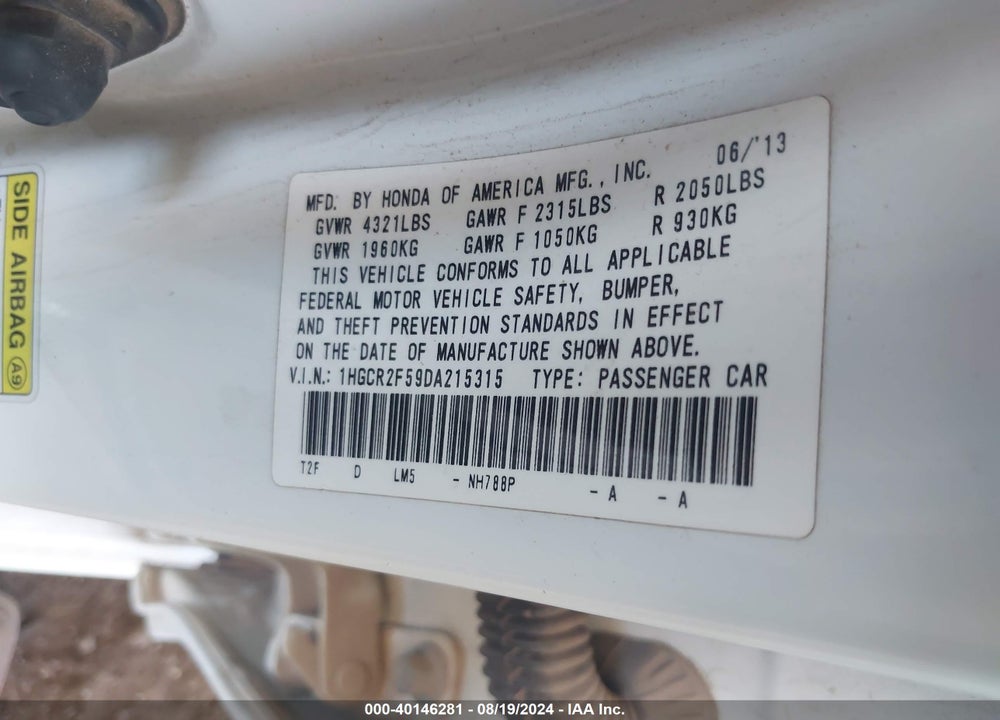 2013 HONDA ACCORD SPORT VIN: 1HGCR2F59DA215315