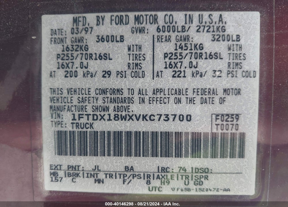 1997 FORD F-150 LARIAT/XL/XLT VIN: 1FTDX18WXVKC73700