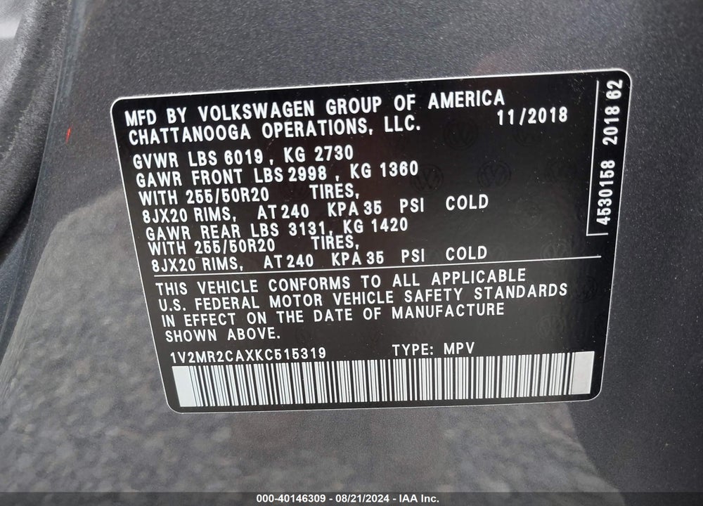 2019 VOLKSWAGEN ATLAS 3.6L V6 SEL VIN: 1V2MR2CAXKC515319