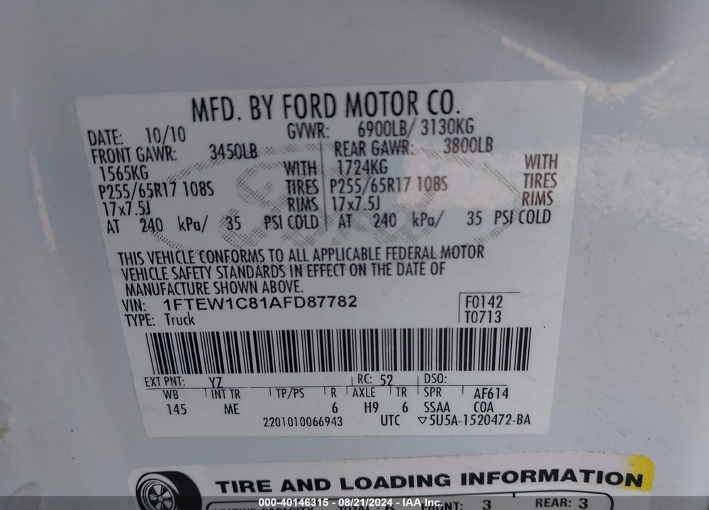 2010 FORD F-150 FX2 SPORT/XL/XLT VIN: 1FTEW1C81AFD87782