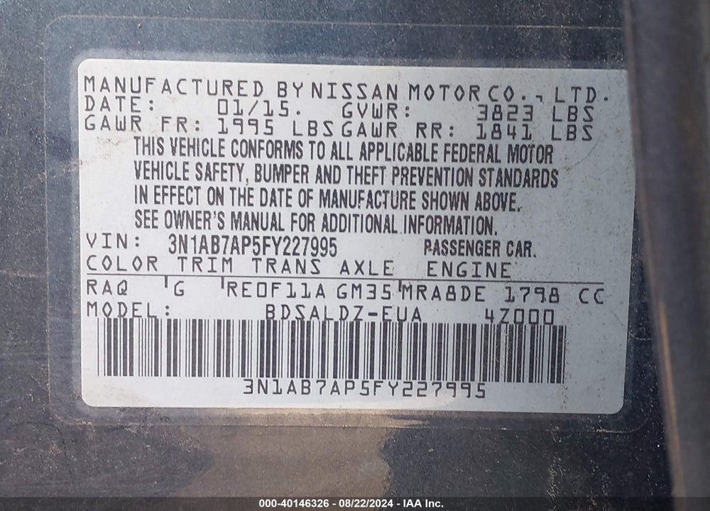 2015 NISSAN SENTRA FE+ S/S/SL/SR/SV VIN: 3N1AB7AP5FY227995