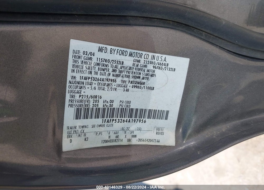 2004 FORD TAURUS SE VIN: 1FAFP53264A197956