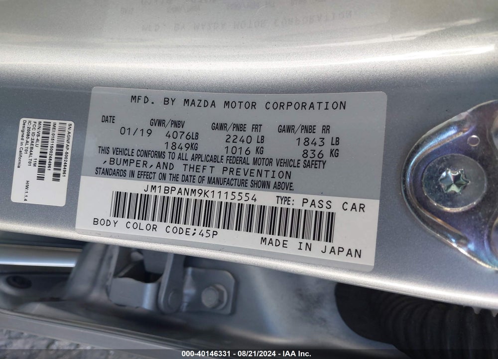 2019 MAZDA 3 PREMIUM PACKAGE VIN: JM1BPANM9K1115554