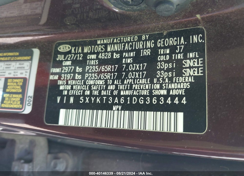2013 KIA SORENTO VIN: 5XYKT3A61DG363444