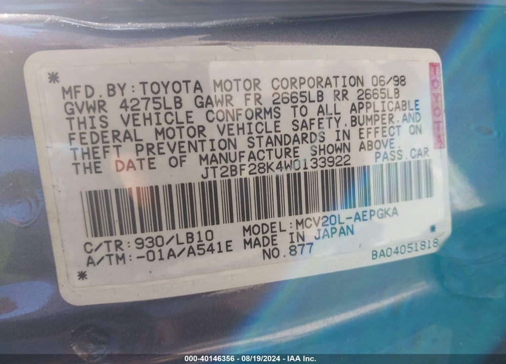 1998 TOYOTA CAMRY VIN: JT2BF28K4W0133922