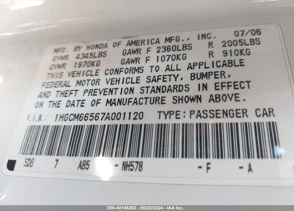 2007 HONDA ACCORD 3.0 EX VIN: 1HGCM66567A001120