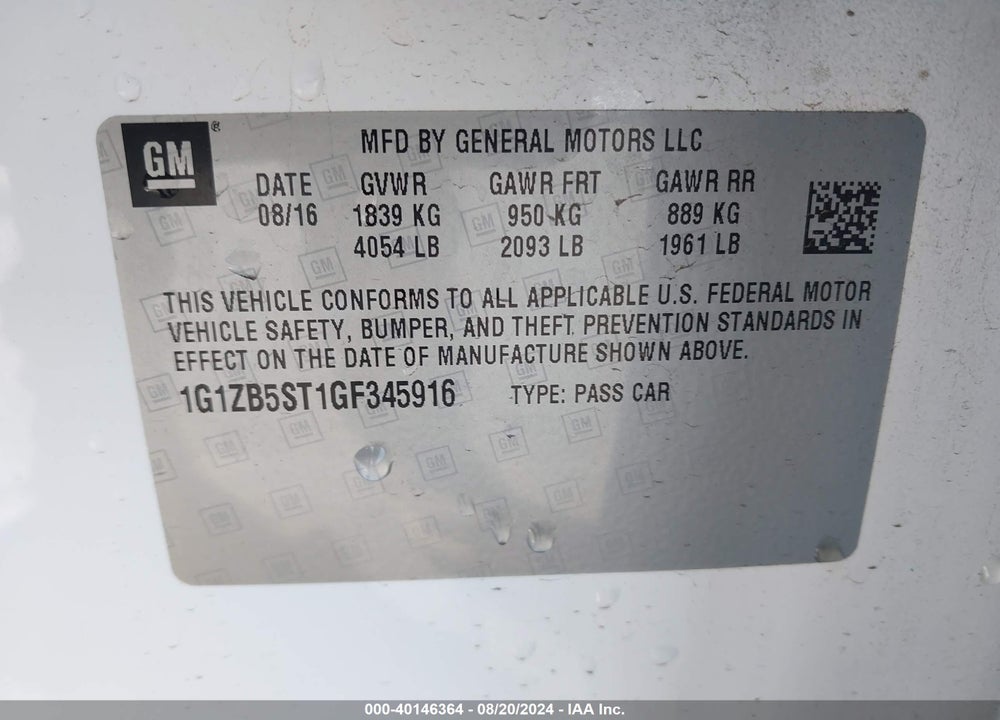 2016 CHEVROLET MALIBU VIN: 1G1ZB5ST1GF345916