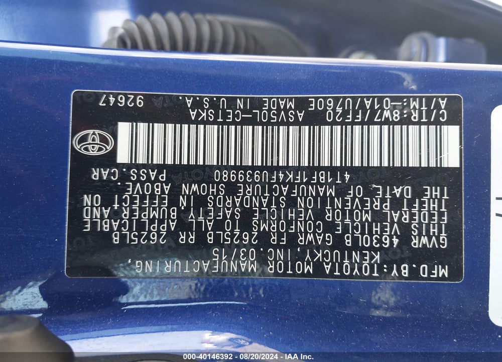 2015 TOYOTA CAMRY SE VIN: 4T1BF1FK4FU939980