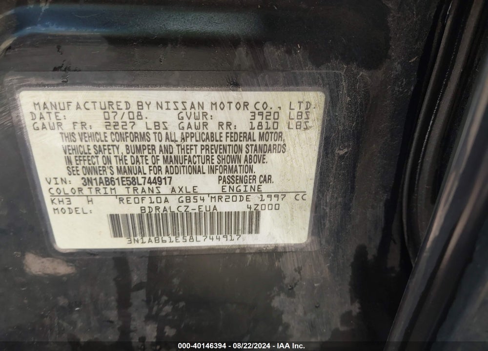 2008 NISSAN SENTRA 2.0 VIN: 3N1AB61E58L744917