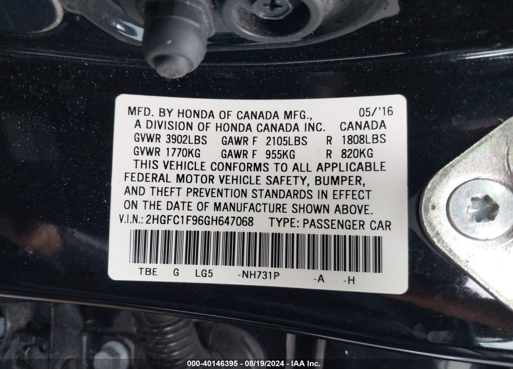 2016 HONDA CIVIC TOURING VIN: 2HGFC1F96GH647068