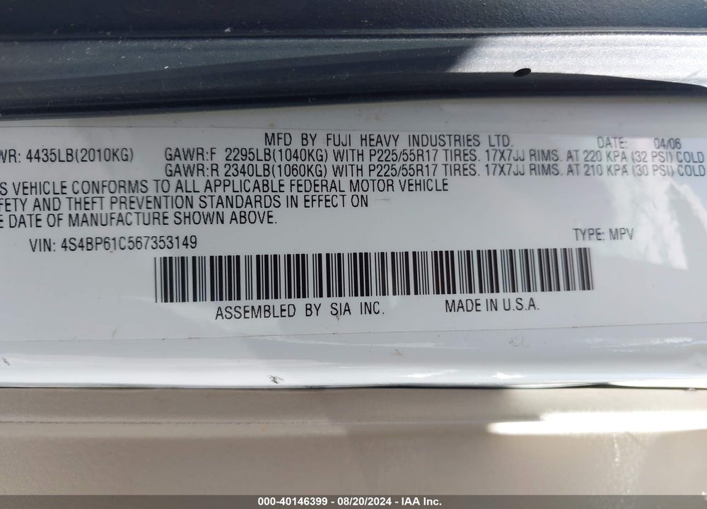 2006 SUBARU OUTBACK 2.5I VIN: 4S4BP61C567353149