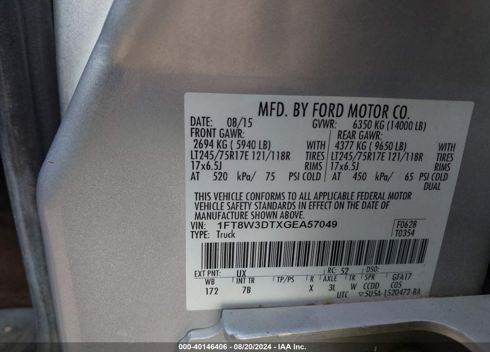 2016 FORD F-350 LARIAT VIN: 1FT8W3DTXGEA57049