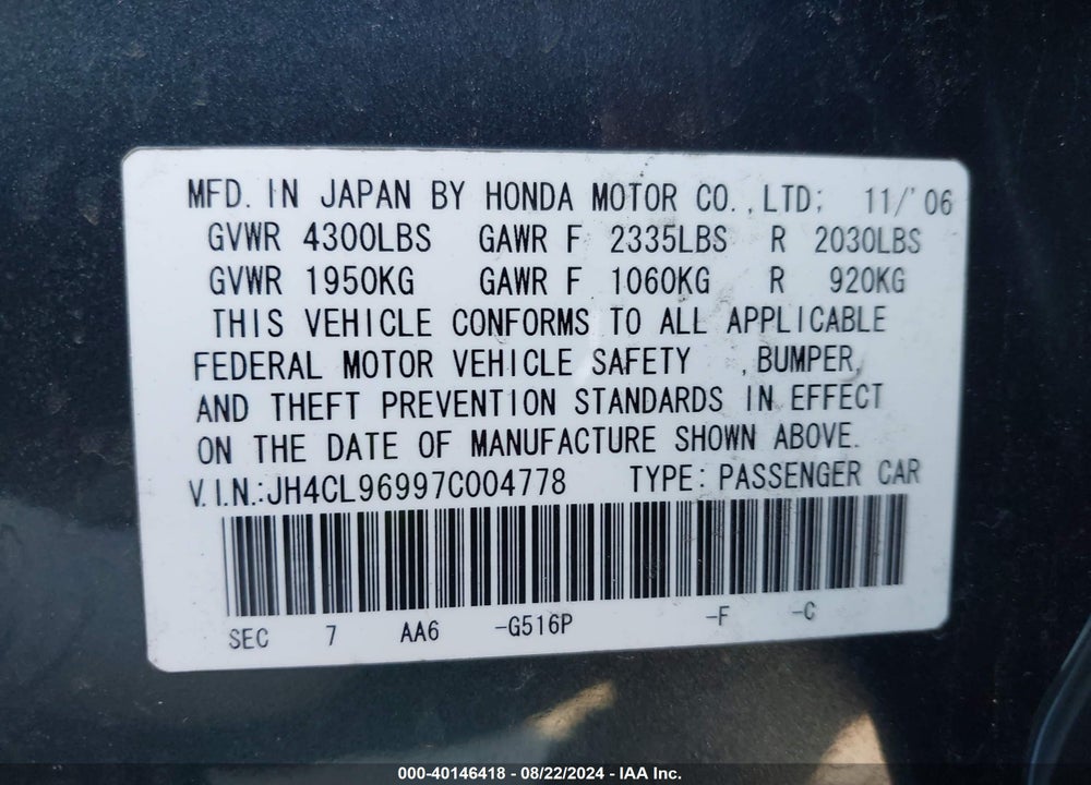 2007 ACURA TSX VIN: JH4CL96997C004778