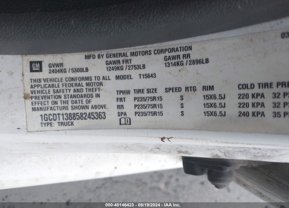 2005 CHEVROLET COLORADO LS VIN: 1GCDT138858245363