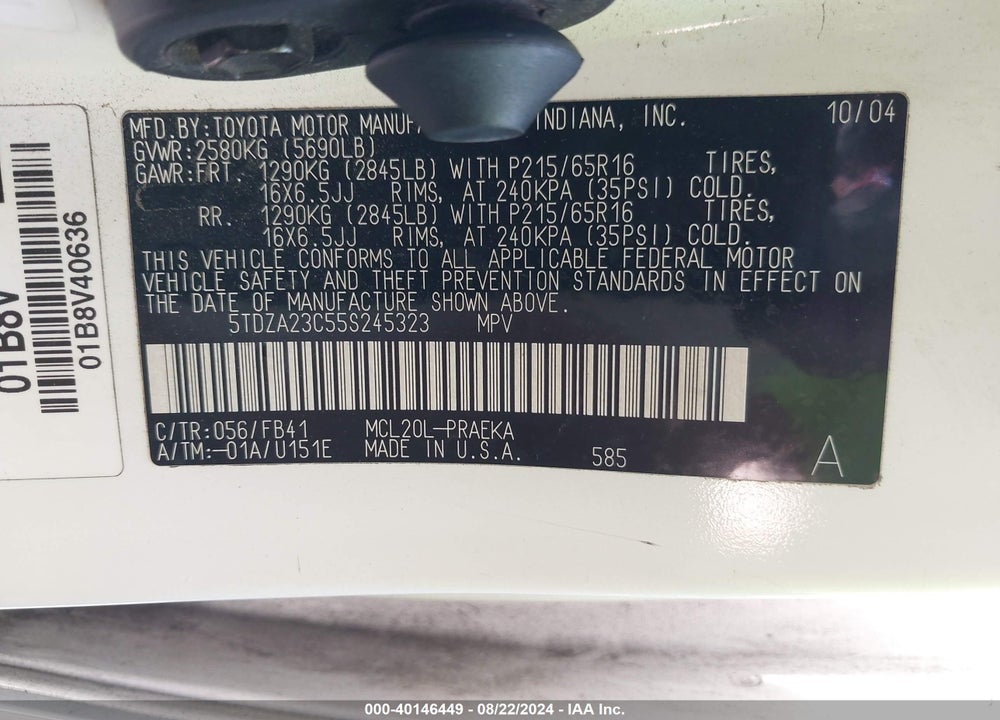 2005 TOYOTA SIENNA LE VIN: 5TDZA23C55S245323