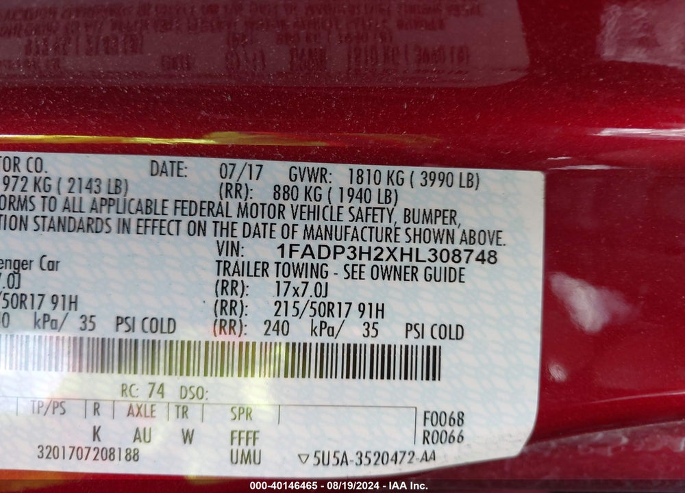 2017 FORD FOCUS SEL VIN: 1FADP3H2XHL308748