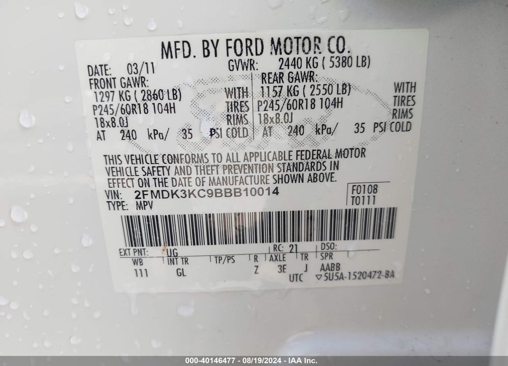 2011 FORD EDGE LIMITED VIN: 2FMDK3KC9BBB10014