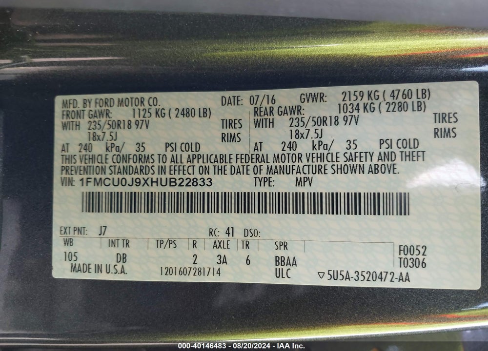 2017 FORD ESCAPE TITANIUM VIN: 1FMCU0J9XHUB22833