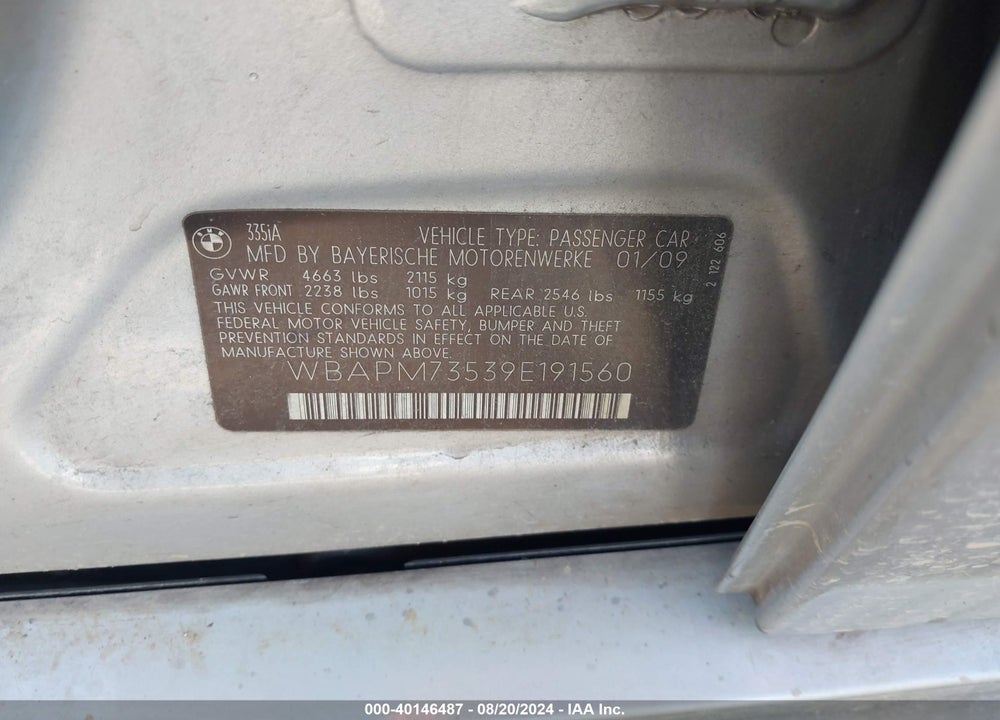 2009 BMW 335I VIN: WBAPM73539E191560