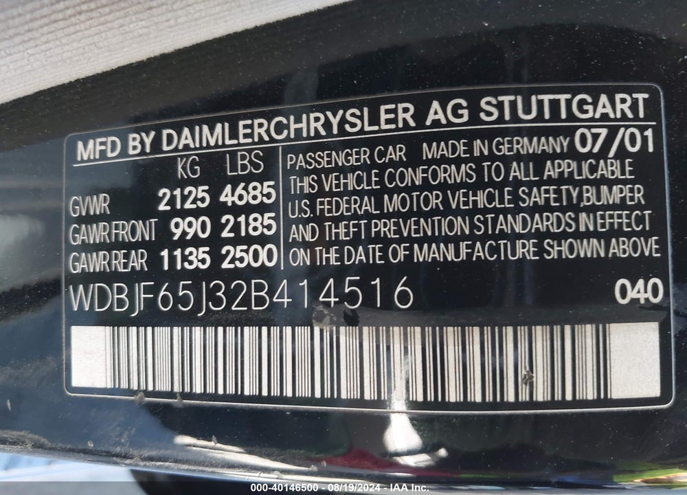 2002 MERCEDES-BENZ E 320 SPECIAL EDITION VIN: WDBJF65J32B414516
