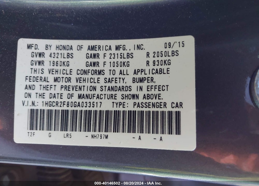 2016 HONDA ACCORD EX-L VIN: 1HGCR2F80GA033517
