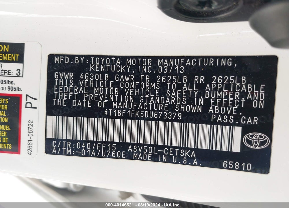 2013 TOYOTA CAMRY SE VIN: 4T1BF1FK5DU673379