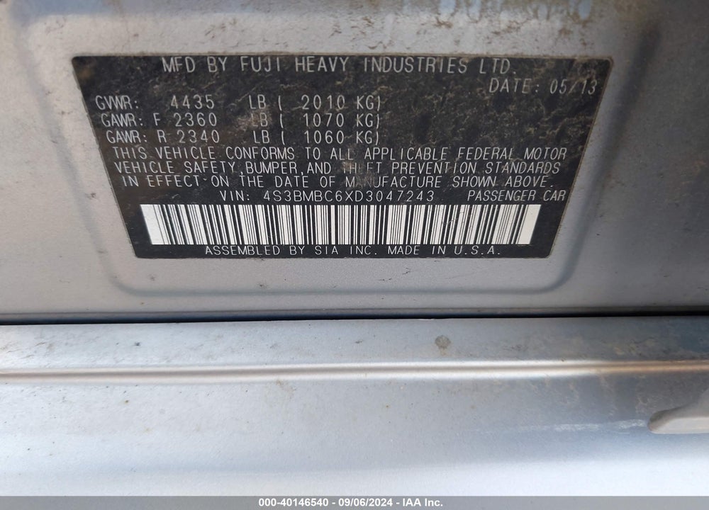 2013 SUBARU LEGACY VIN: 4S3BMBC6XD3047243